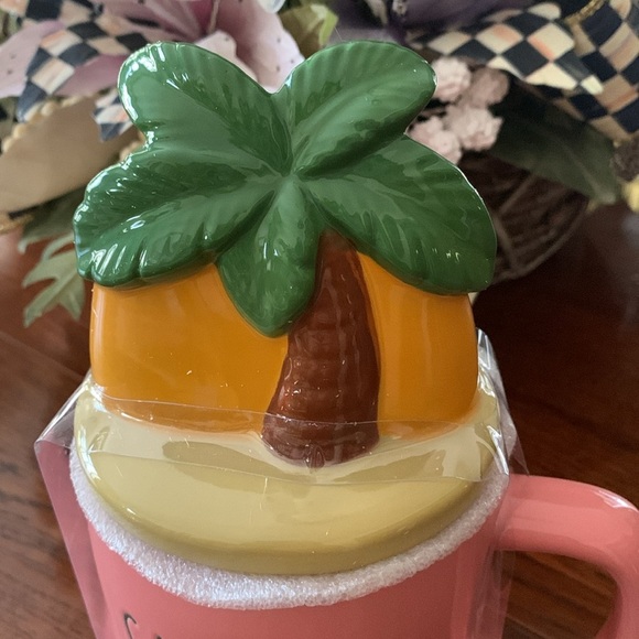 RAE Dunn “Sandal Season” Pink Mug with Palm Tree Sunset Topper - Picture 3 of 6